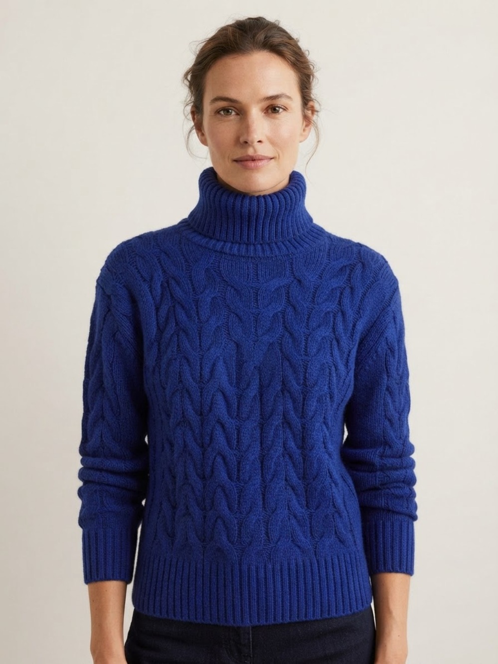 Jones New York Sz M 100% Wool Blue Cable Knit Turtleneck Sweater
